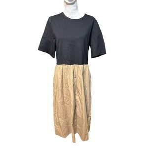 Maye Mimi Colorblock A-Line Midi Dress Womens Medium Black Camel Short Sleeve